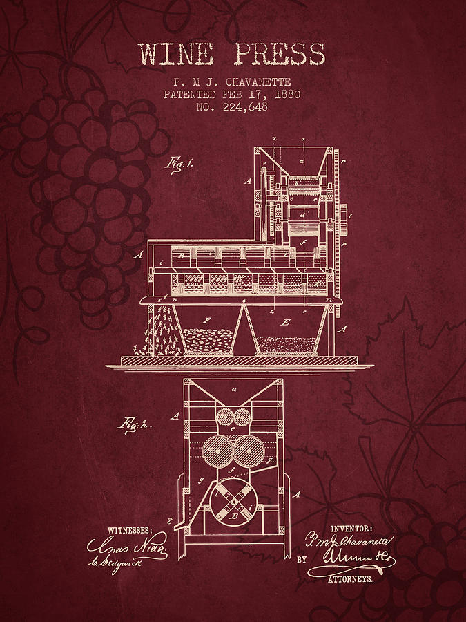 1880 Wine Press Patent - Red Wine Digital Art