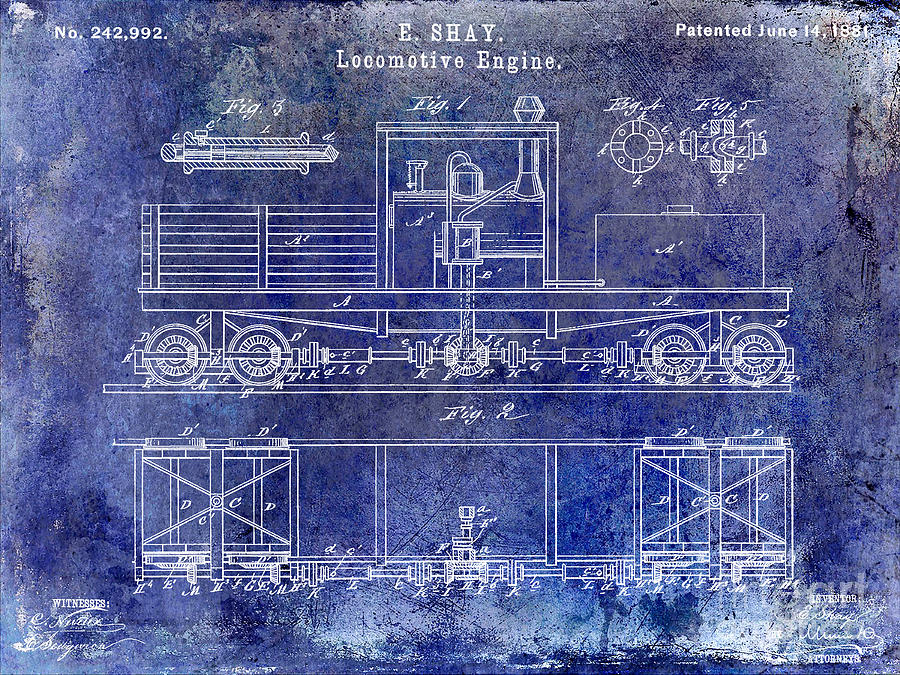 Train Photograph - 1881 Locomotive Engine Patent Blue by Jon Neidert
