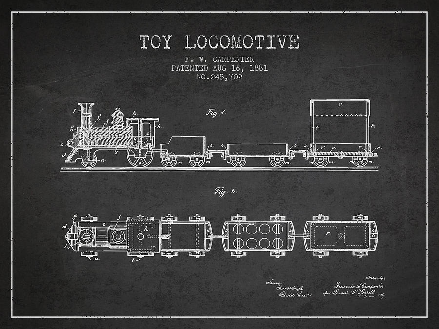 Train Digital Art - 1881 Toy Locomotive Patent - Charcoal by Aged Pixel