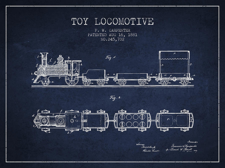 Train Digital Art - 1881 Toy Locomotive Patent - Navy Blue by Aged Pixel