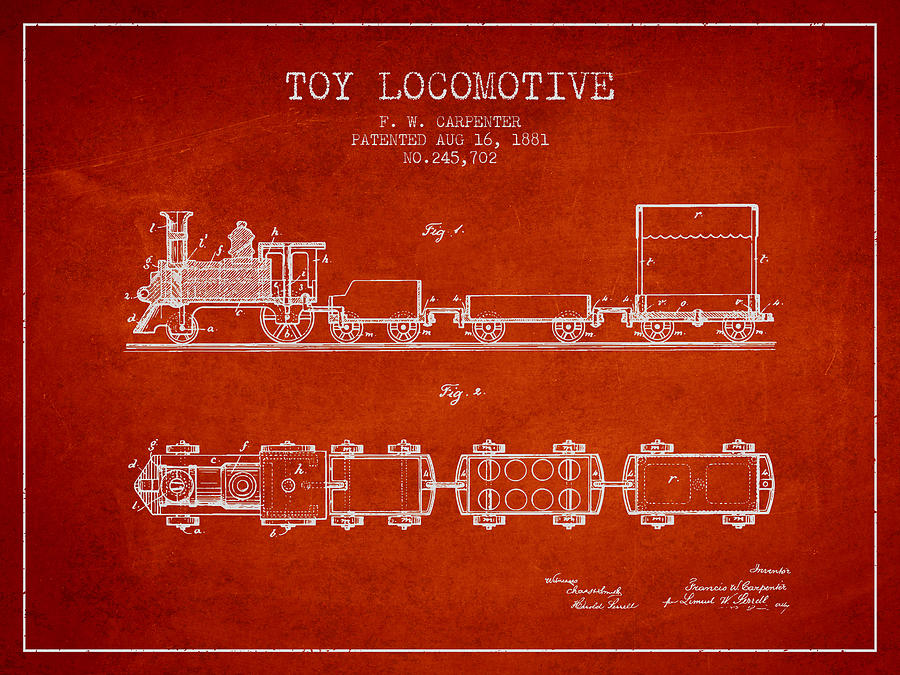 Train Digital Art - 1881 Toy Locomotive Patent - Red by Aged Pixel