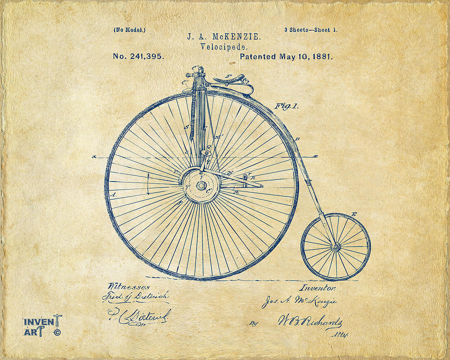 Velocipede Digital Art - 1881 Velocipede Bicycle Patent Artwork - Vintage by Nikki Marie Smith