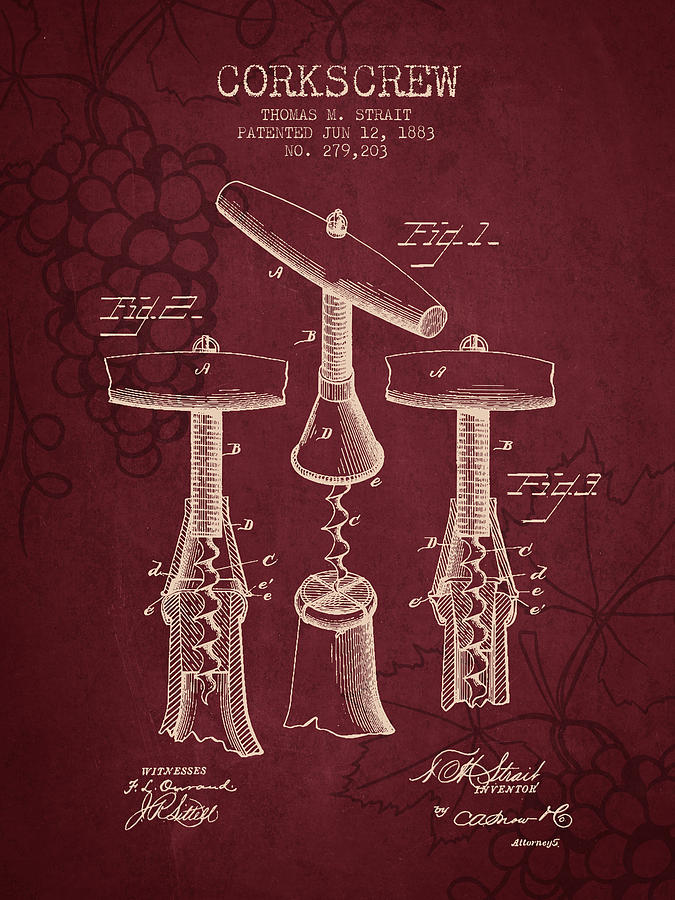 Wine Digital Art - 1883 Corkscrew patent - Red Wine by Aged Pixel