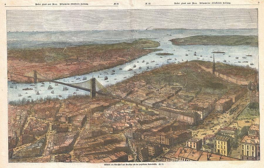 1883 German Map View of Lower Manhattan the Brooklyn Bridge and Brooklyn  Photograph by Paul Fearn
