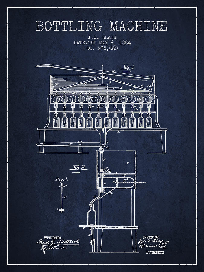 1884 Bottling Machine Patent - Navy Blue Digital Art
