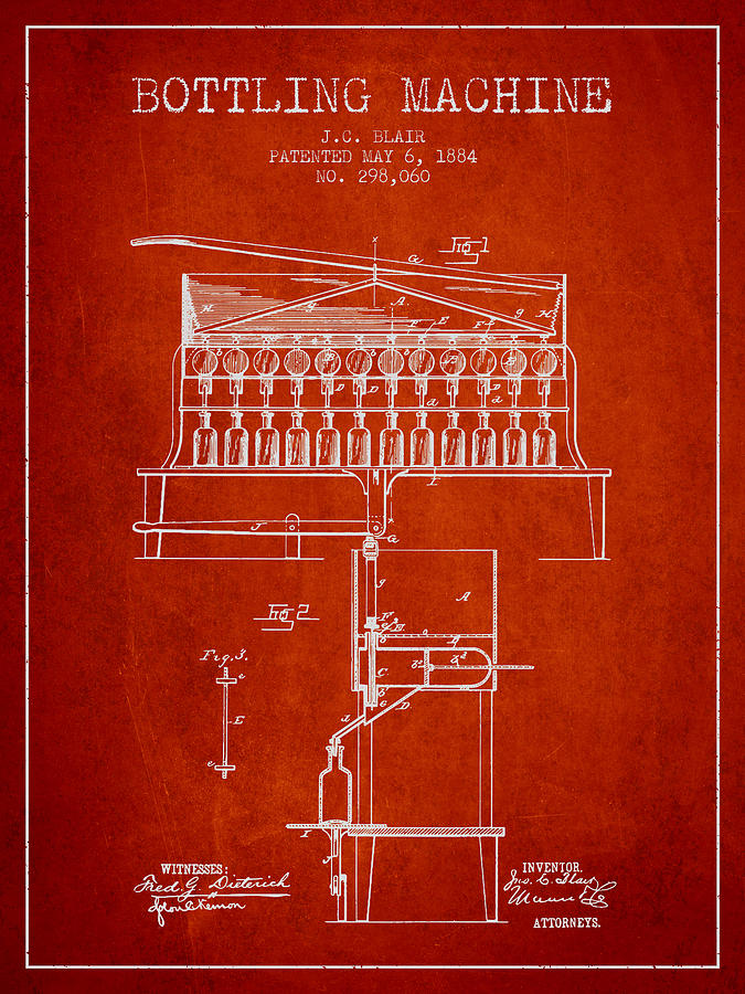 1884 Bottling Machine Patent - Red Digital Art