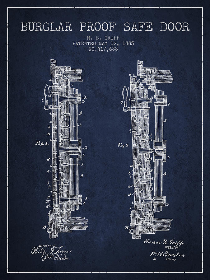 Vintage Digital Art - 1885 Bank Safe Door Patent - navy blue by Aged Pixel