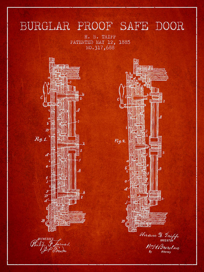 Vintage Digital Art - 1885 Bank Safe Door Patent - red by Aged Pixel