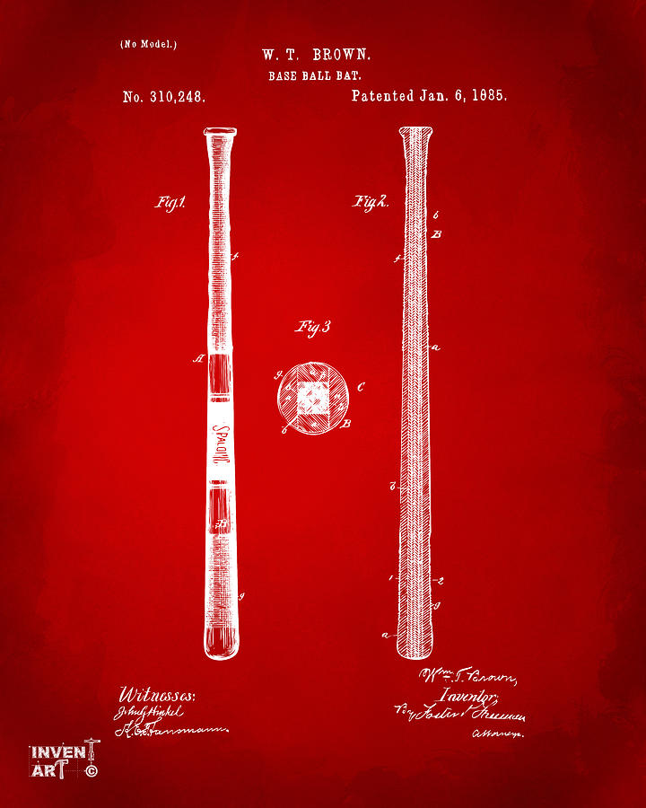 1885 Baseball Bat Patent Artwork - Red Digital Art by Nikki Marie Smith