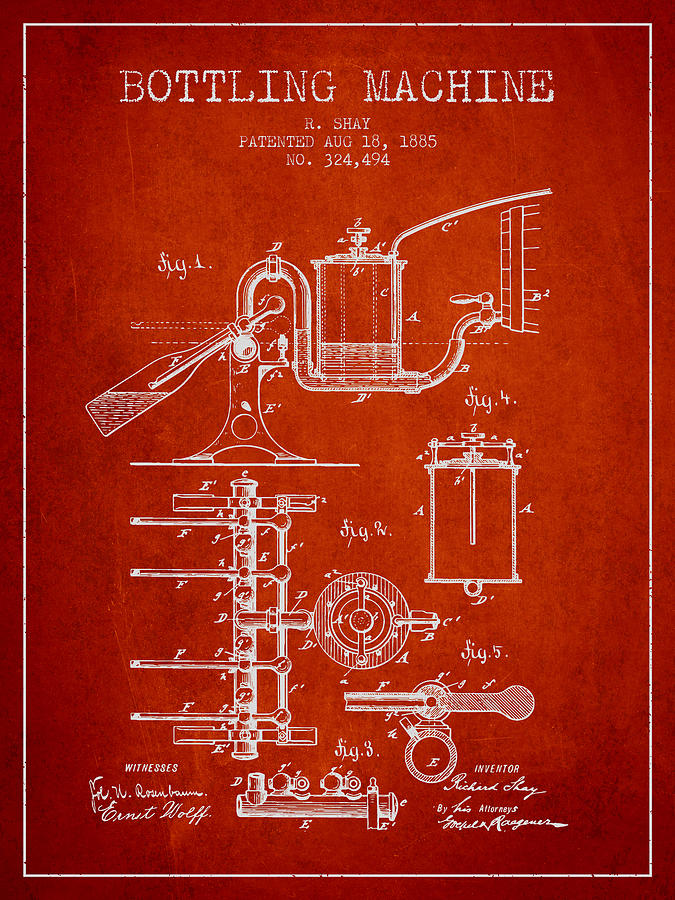 1885 Bottling Machine Patent - Red Digital Art