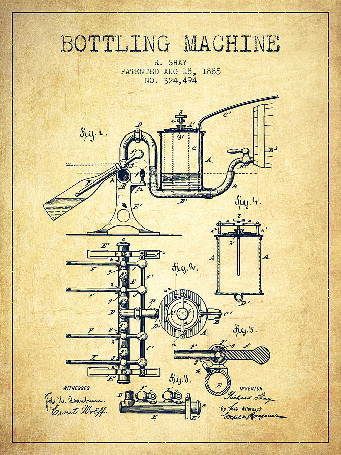 Wine Digital Art - 1885 Bottling Machine patent - Vintage by Aged Pixel