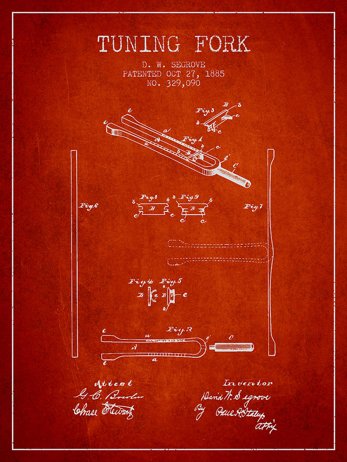 Musician Digital Art - 1885 Tuning Fork Patent - red by Aged Pixel