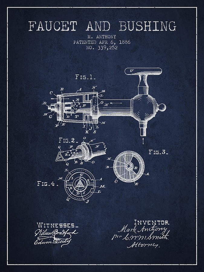 1886 Faucet And Bushing Patent - Navy Blue Digital Art