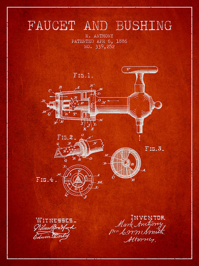 1886 Faucet And Bushing Patent - Red Digital Art