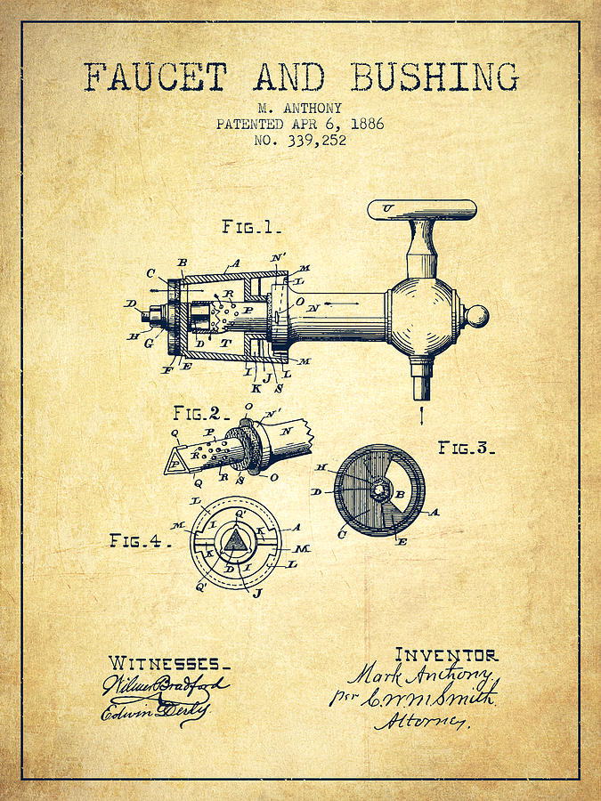 Beer Digital Art - 1886 Faucet and bushing Patent - Vintage by Aged Pixel