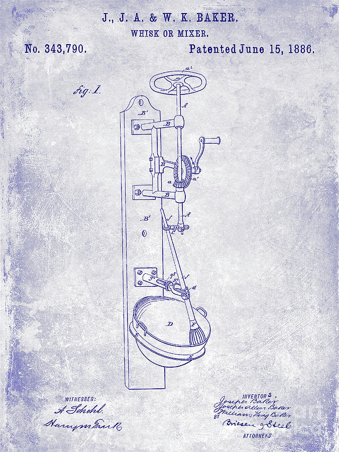 1886 Whisk or Mixer Patent Blueprint Photograph by Jon Neidert
