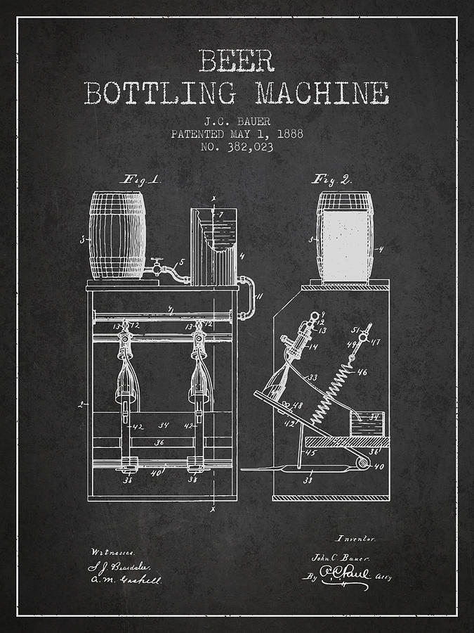 1888 Beer Bottling Machine Patent - Charcoal Digital Art