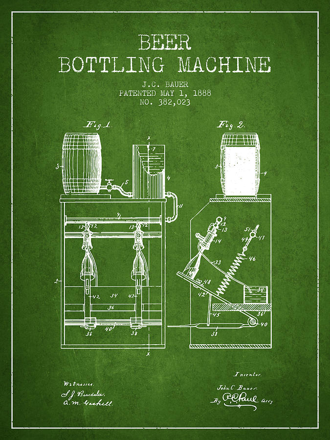 Beer Digital Art - 1888 Beer Bottling Machine patent - Green by Aged Pixel