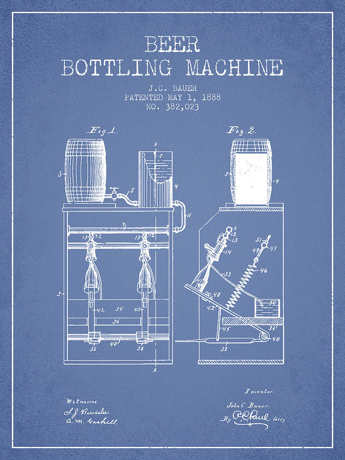 1888 Beer Bottling Machine Patent - Light Blue Digital Art