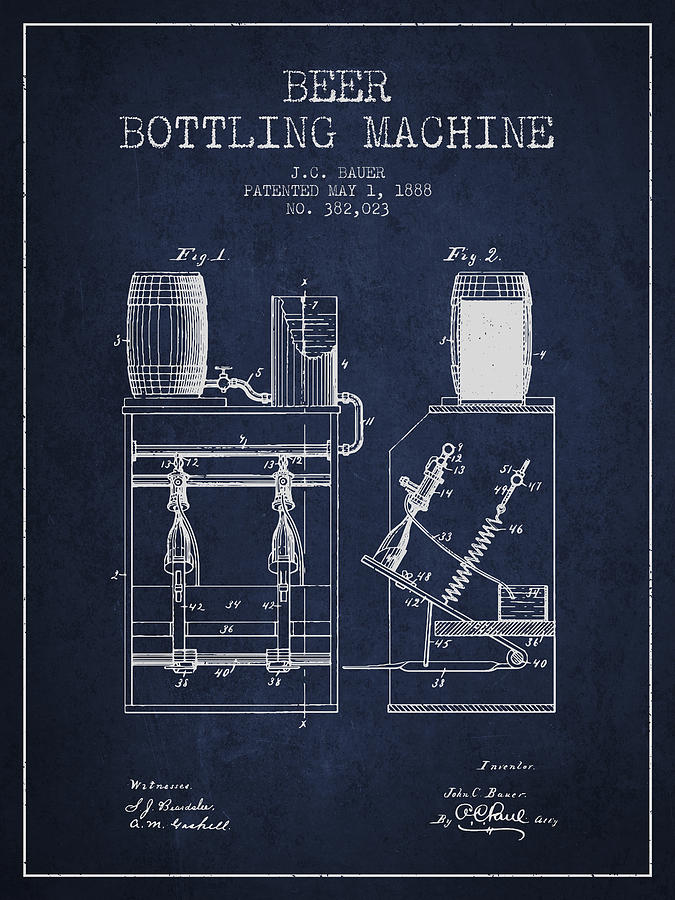 1888 Beer Bottling Machine Patent - Navy Blue Digital Art