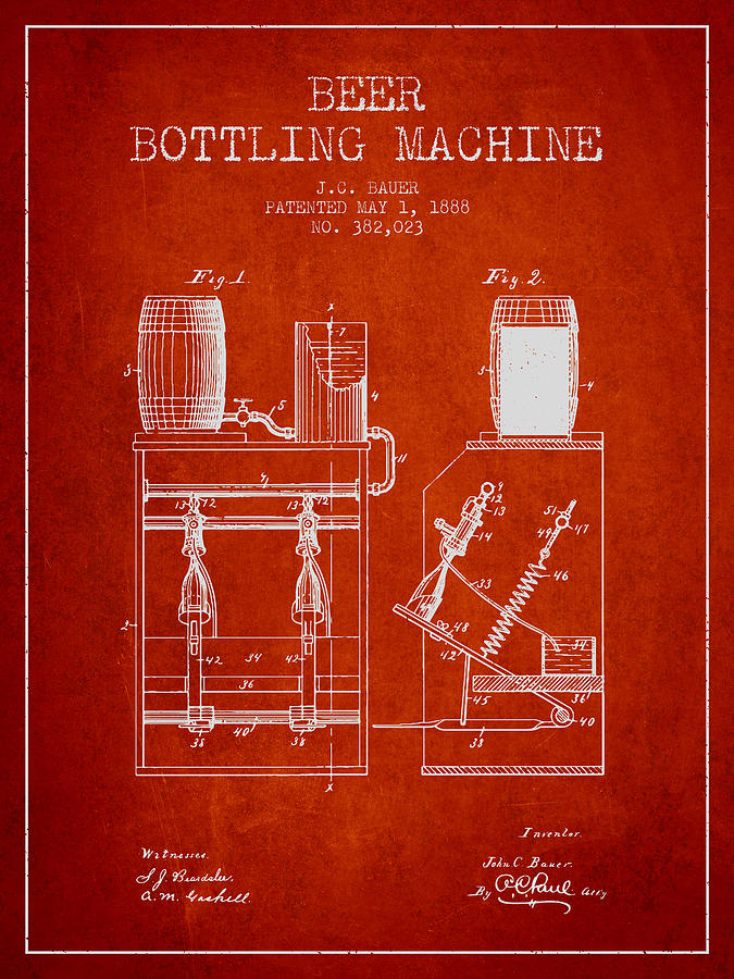 Beer Digital Art - 1888 Beer Bottling Machine patent - Red by Aged Pixel