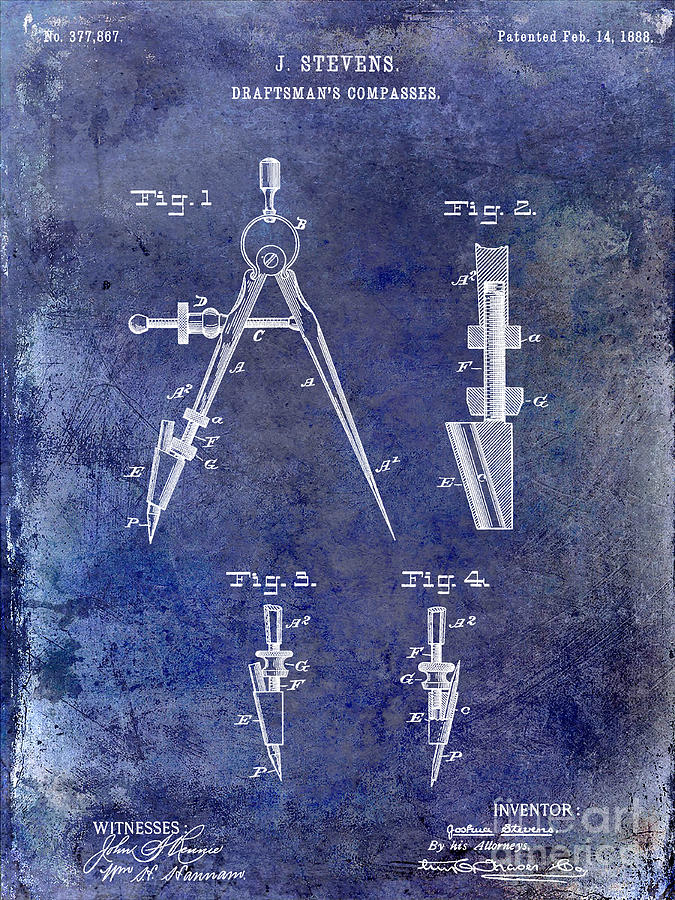 Draftsman's Compass Photograph - 1888 Draftsmans Compass Patent Blue by Jon Neidert