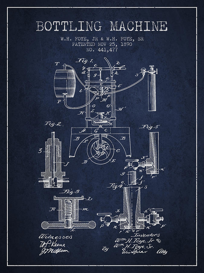 1890 Bottling Machine Patent - Navy Blue Digital Art
