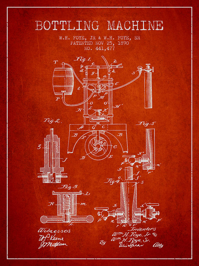1890 Bottling Machine Patent - Red Digital Art