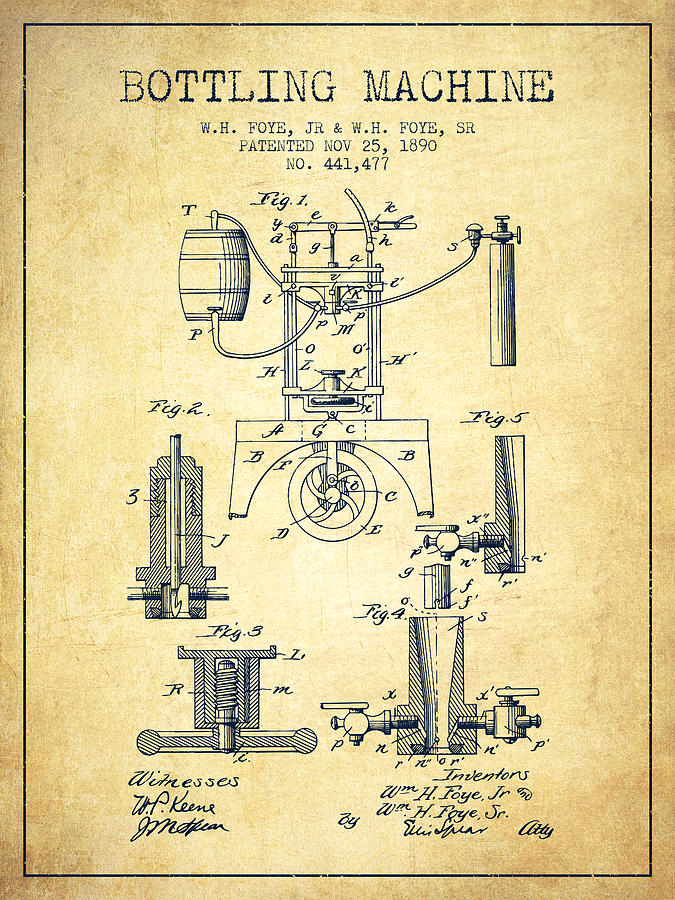 Wine Digital Art - 1890 Bottling Machine patent - vintage by Aged Pixel