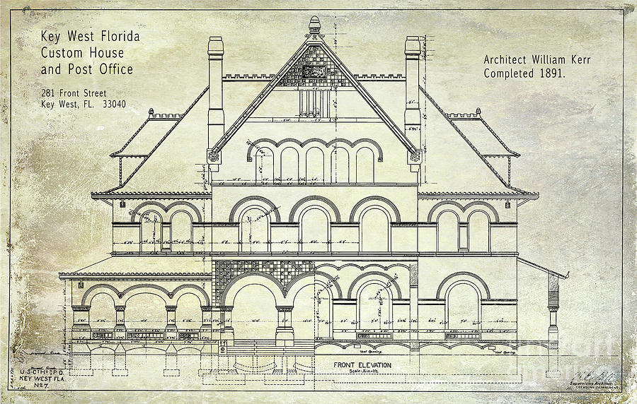 1891 Key West Blueprint of the Custom House Photograph by Jon Neidert