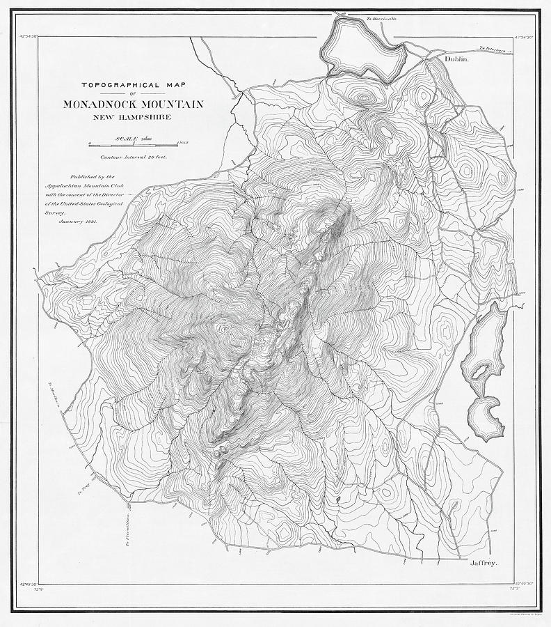 Mountain Digital Art - 1891 Topographical Map of Mount Monadnock Jaffrey NH Black and White by Toby McGuire