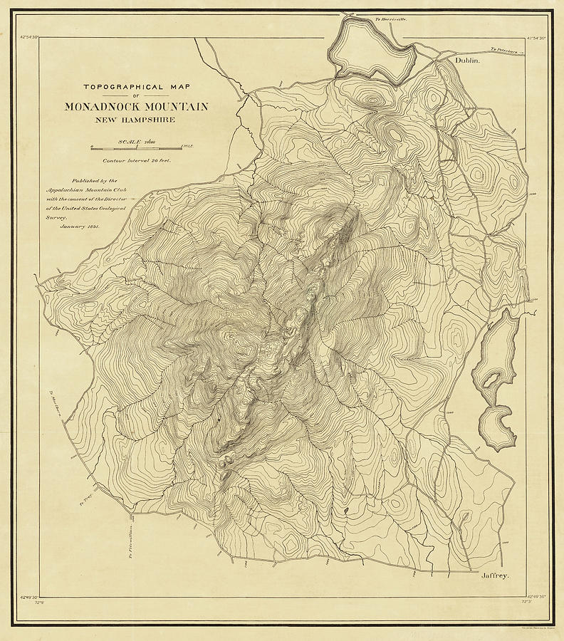 Mountain Photograph - 1891 Topographical Map of Mount Monadnock Jaffrey NH by Toby McGuire
