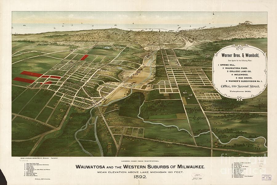 1892 aerial map of Wauwatosa Wisconsin Painting by Celestial Images