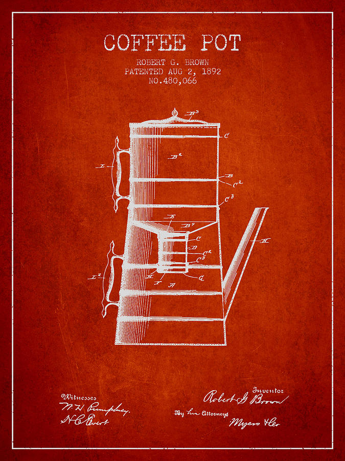 1892 Coffee Pot Patent - Red Digital Art