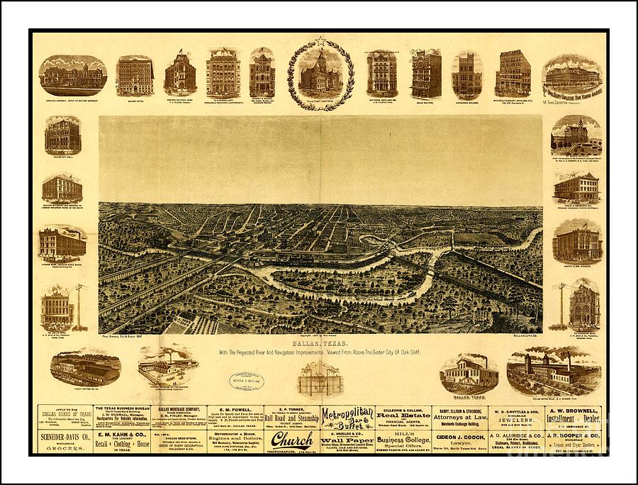 1892 Dallas Texas Panoramic Map with Border and Brewery Drawing by Peter Ogden