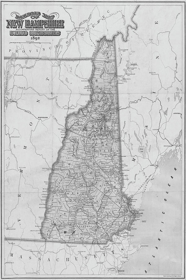 Vintage Digital Art - 1892 Railroad Commissioners Map NH Black and White by Toby McGuire
