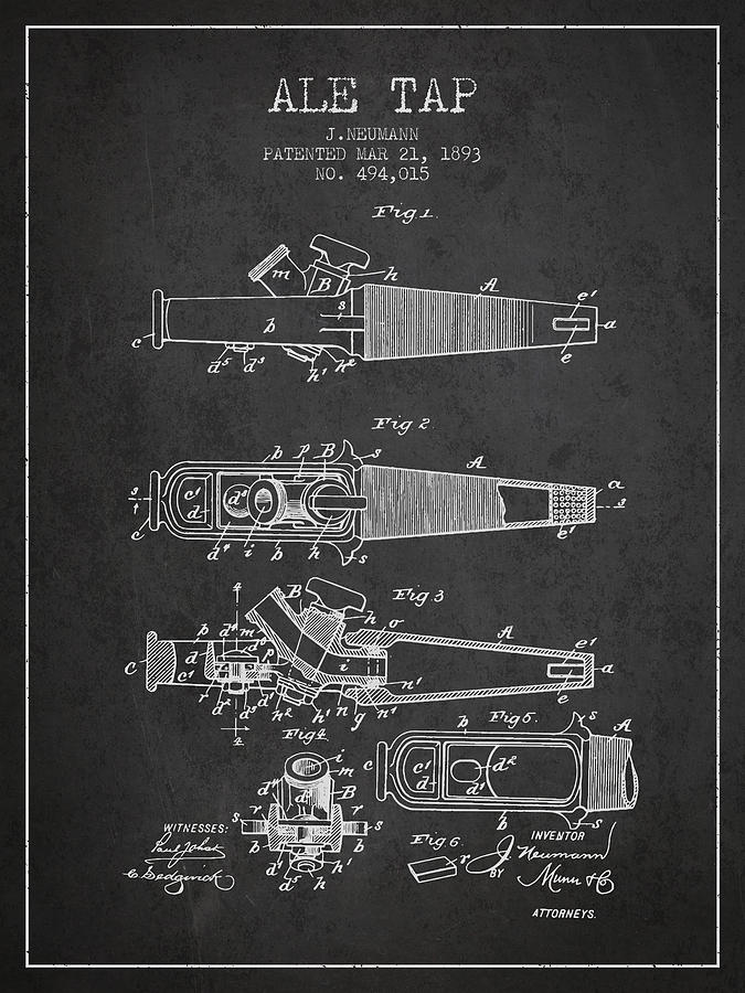 Beer Digital Art - 1893 Ale Tap Patent - Charcoal by Aged Pixel