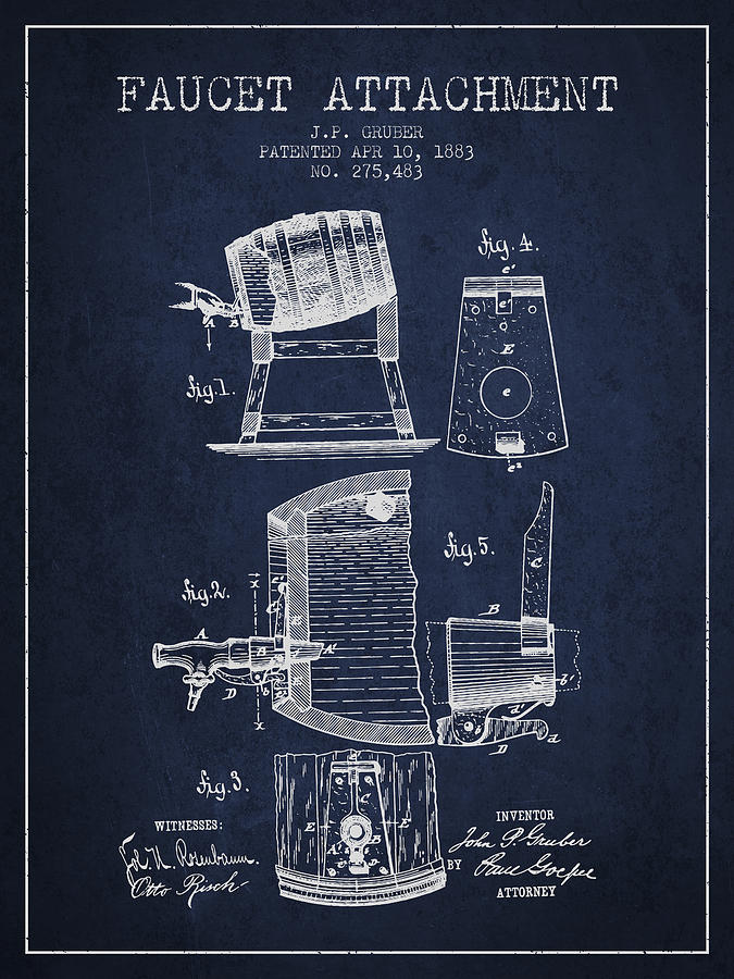 1893 Faucet Attachment Patent - Navy Blue Digital Art