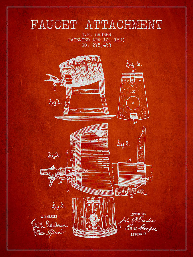 1893 Faucet Attachment Patent - Red Digital Art