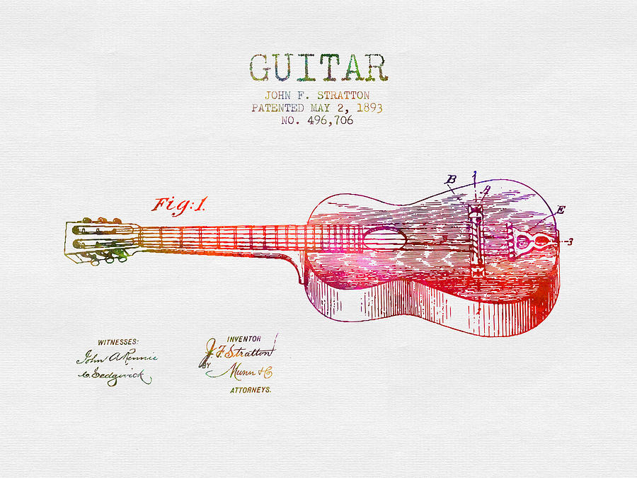 Music Digital Art - 1893 Stratton guitar patent - color by Aged Pixel