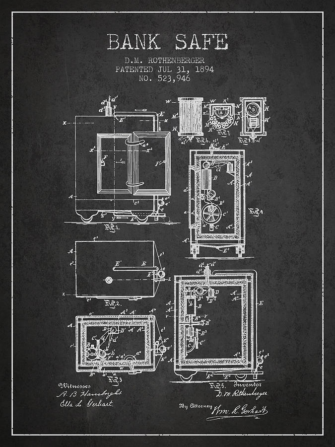 Vintage Digital Art - 1894 Bank Safe Patent - Charcoal by Aged Pixel
