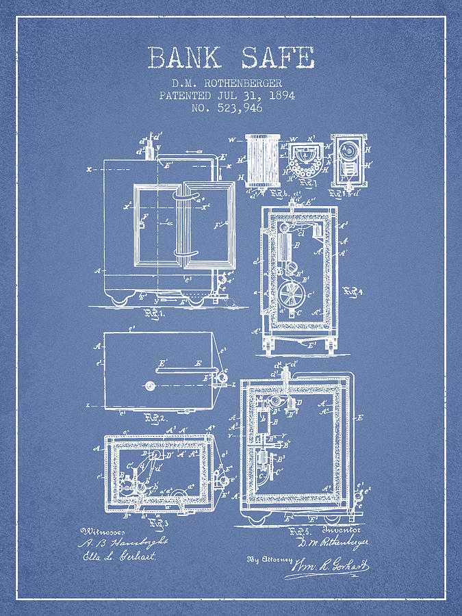 Vintage Digital Art - 1894 Bank Safe Patent -light blue by Aged Pixel