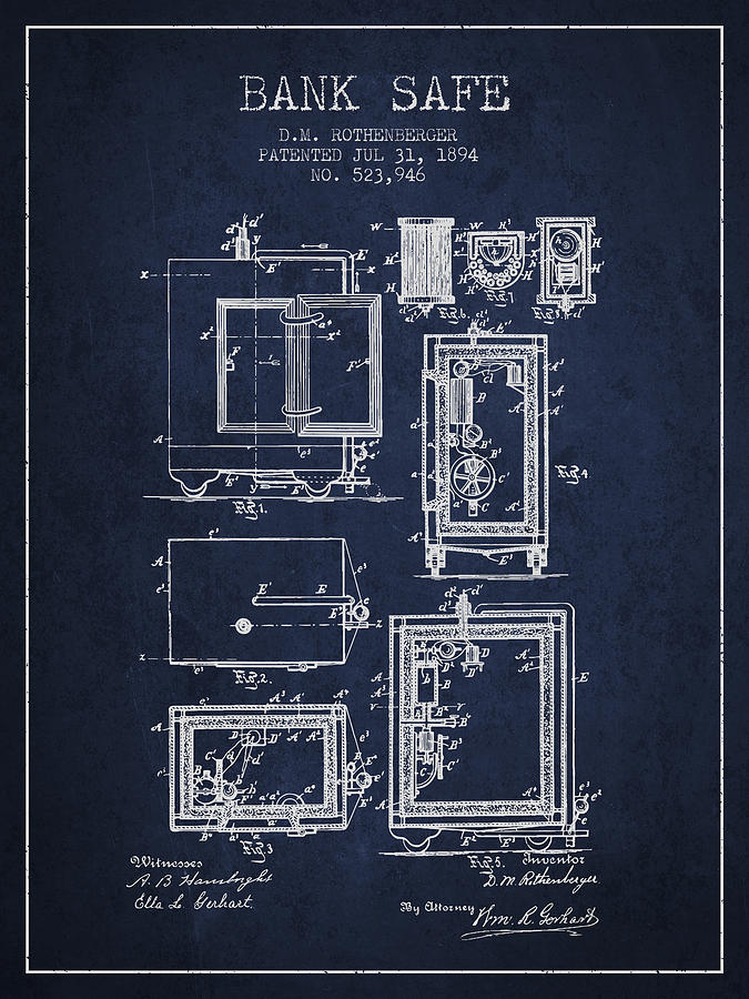 Vintage Digital Art - 1894 Bank Safe Patent - navy blue by Aged Pixel