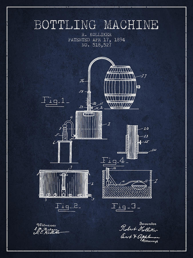 1894 Bottling Machine Patent - Navy Blue Digital Art