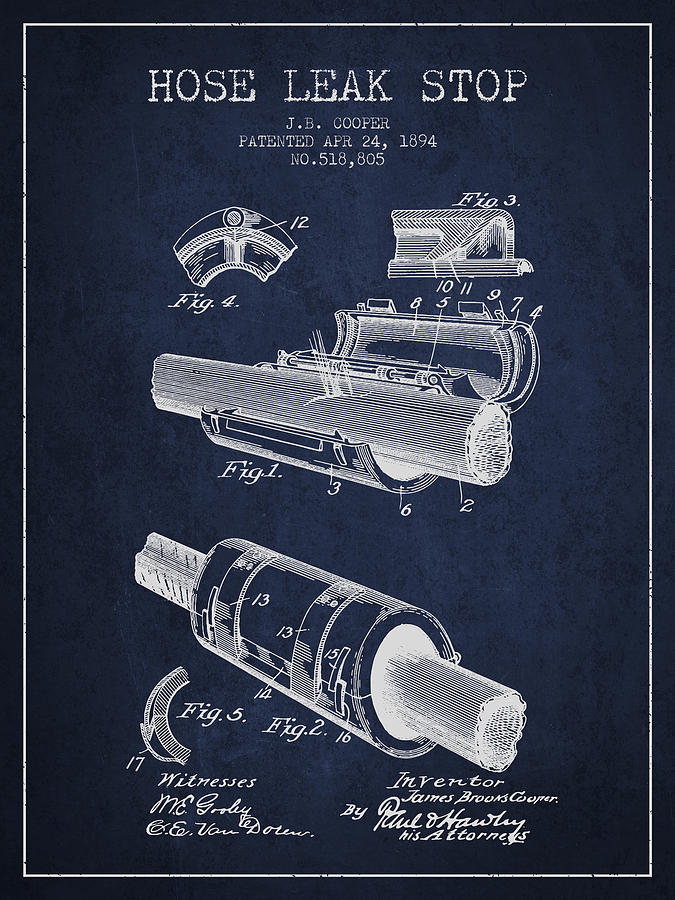 1894 Hose Leak Stop Patent - Navy Blue Digital Art