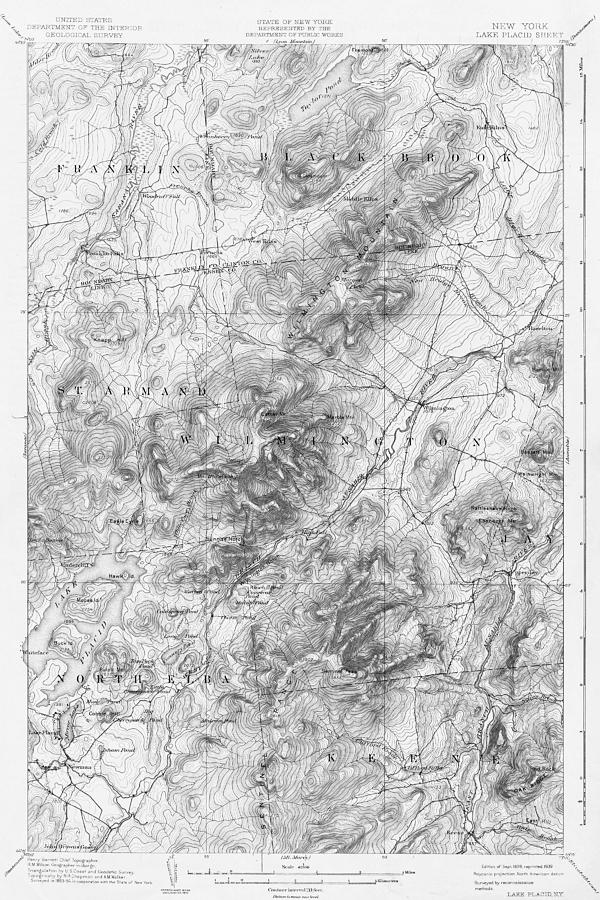 1894 Lake Placid Geological Survey Map Adirondacks Black and White Digital Art by Toby McGuire