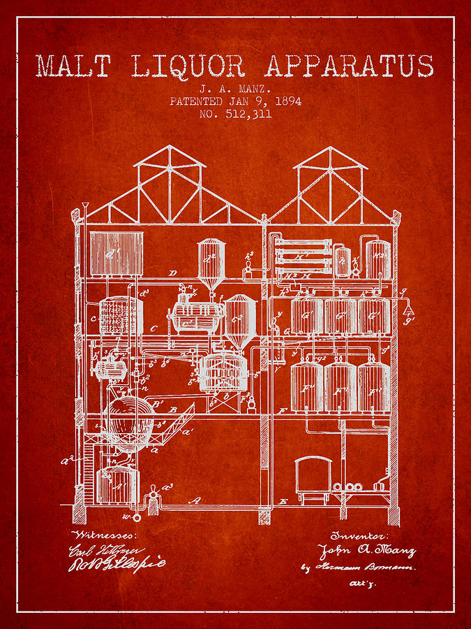 1894 Malt Liquor Apparatus Patent - Red Digital Art