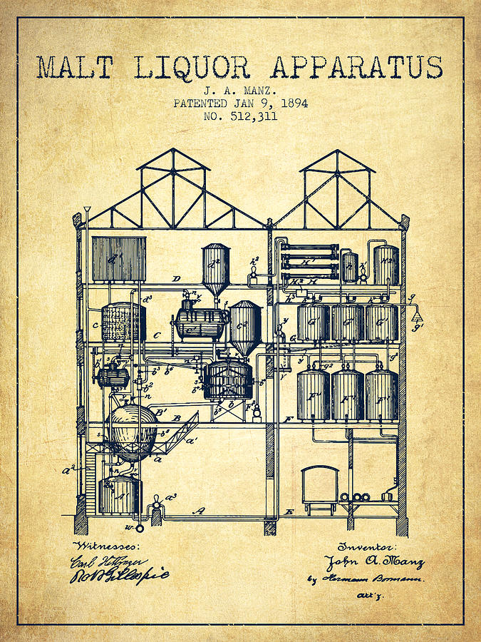 1894 Malt Liquor Apparatus Patent - Vintage Digital Art