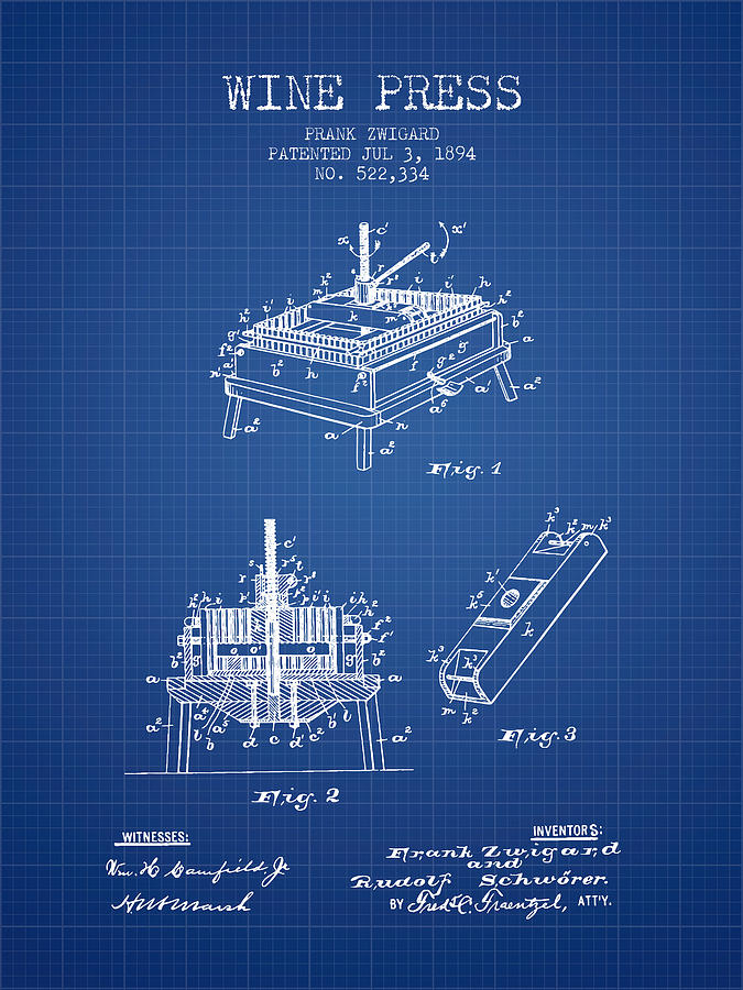 Wine Digital Art - 1894 Wine Press Patent - blueprint by Aged Pixel