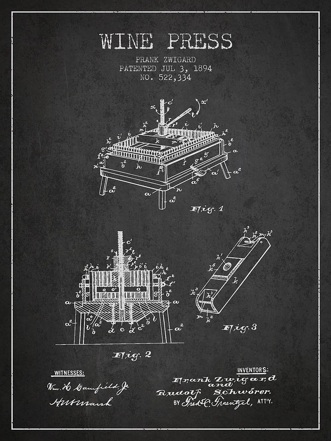 Wine Digital Art - 1894 Wine Press Patent - charcoal by Aged Pixel